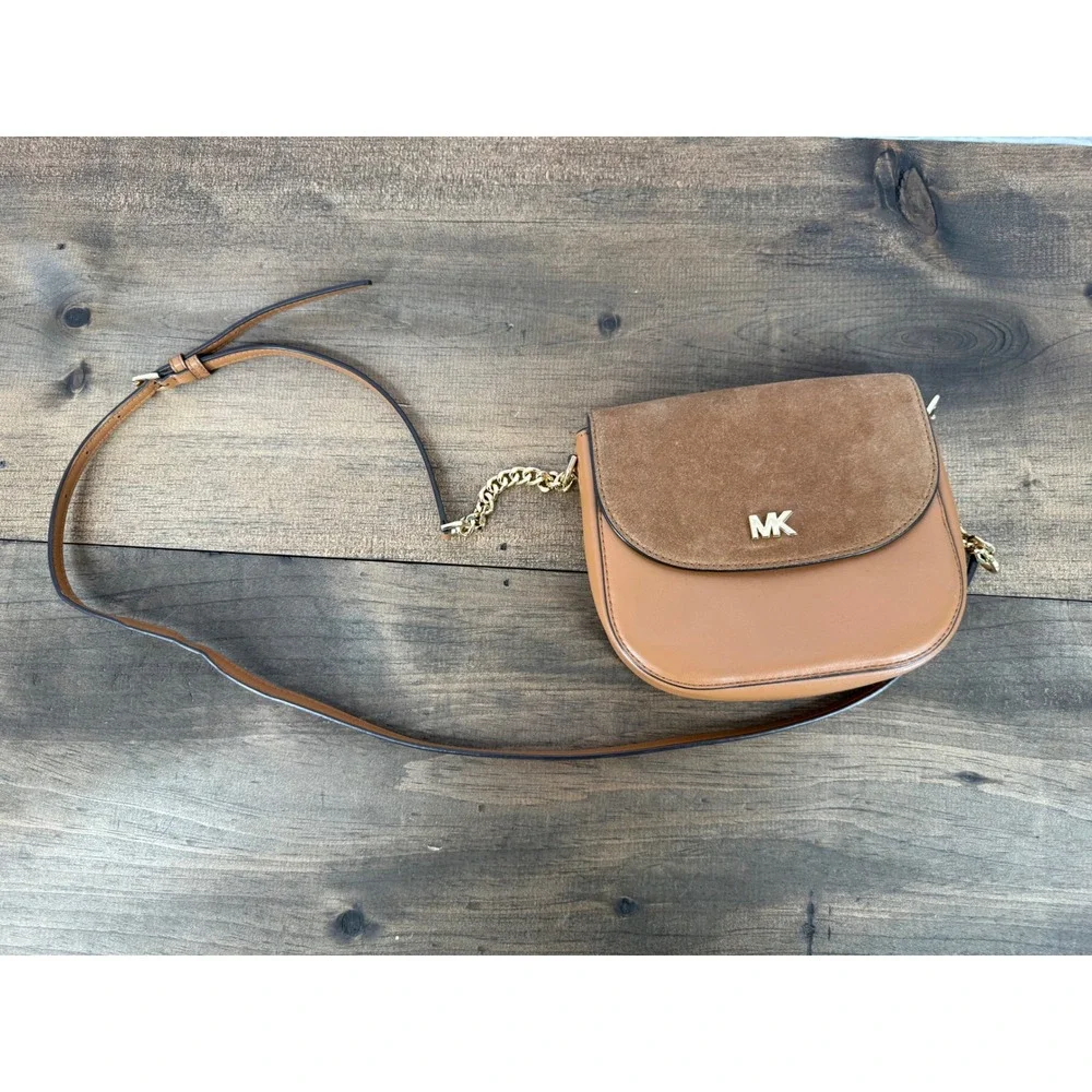Michael Kors Tan Leather Suede Saddle Crossbody Bag Gold Chain Logo Brown Small